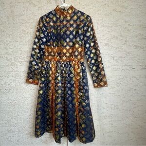 Vintage Jerry Marsch Mardi Gras Sparkly Dress Blue Gold Geometric Print Sz 8